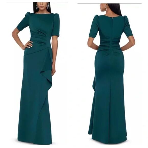 NWT Xscape "DEMI" 3/4 SLEEVE SIDE RUCHED FLOOR LENGTH GOWN - size 10